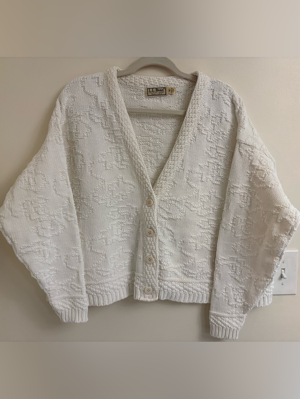 Vintage LL Bean Cardigan M ivory Freeport tag 100% Cotton Made USA heritage knit - Picture 2 of 13
